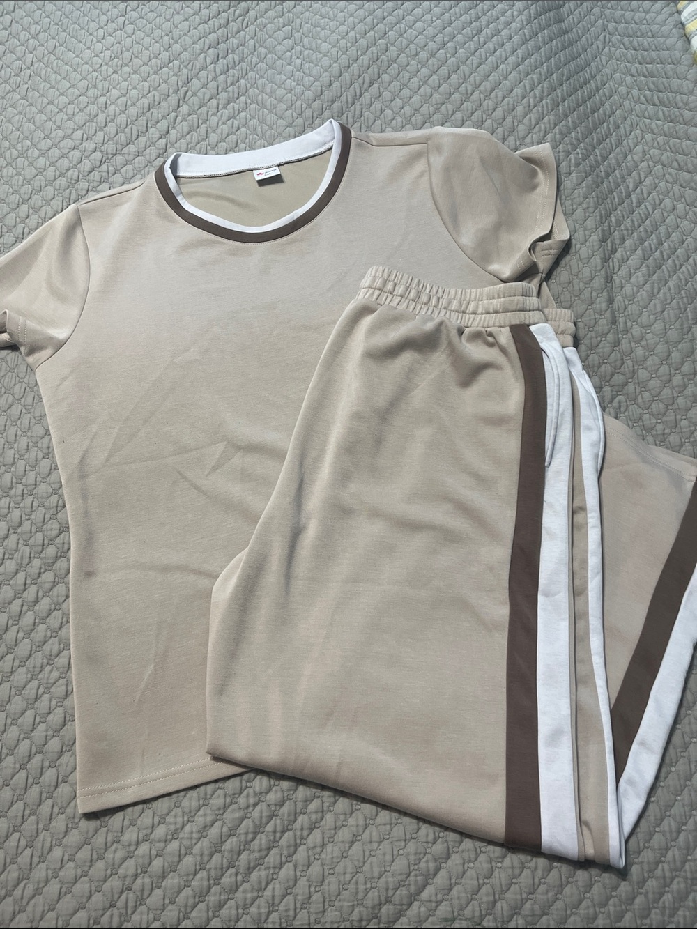 Women's Beige Short Sleeve Tee and Track Set